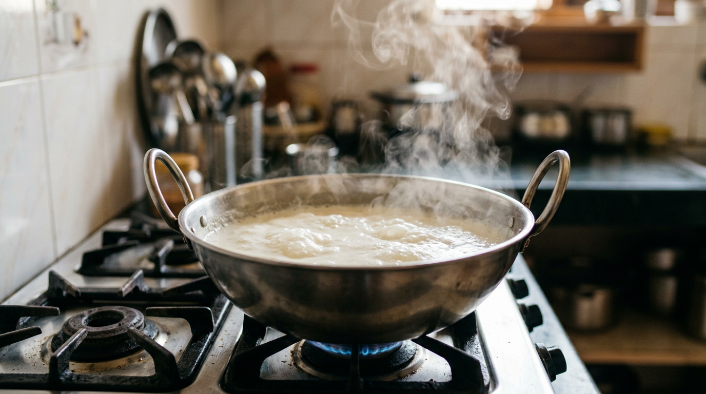 Boiling the milk — traditional bilona stage photograph