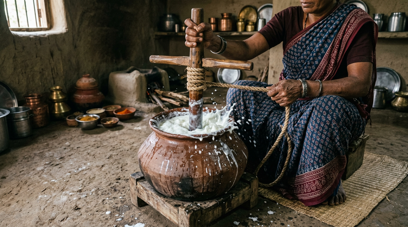 Wooden bilona churning — traditional bilona stage photograph